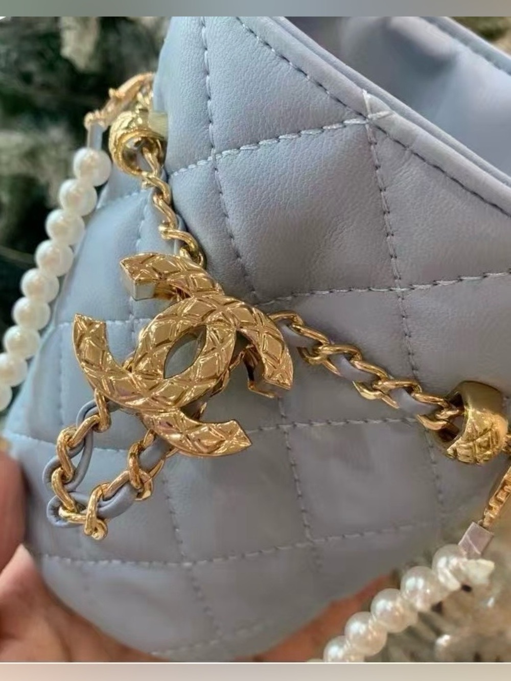 Chanel Mini Quilted Leather Shoulder Bag in Light Blue with Pearl Strap